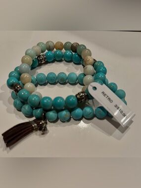 SOLD**RetroTurquoise and Cream Beaded Stretch Bracelets with Brown Tassel